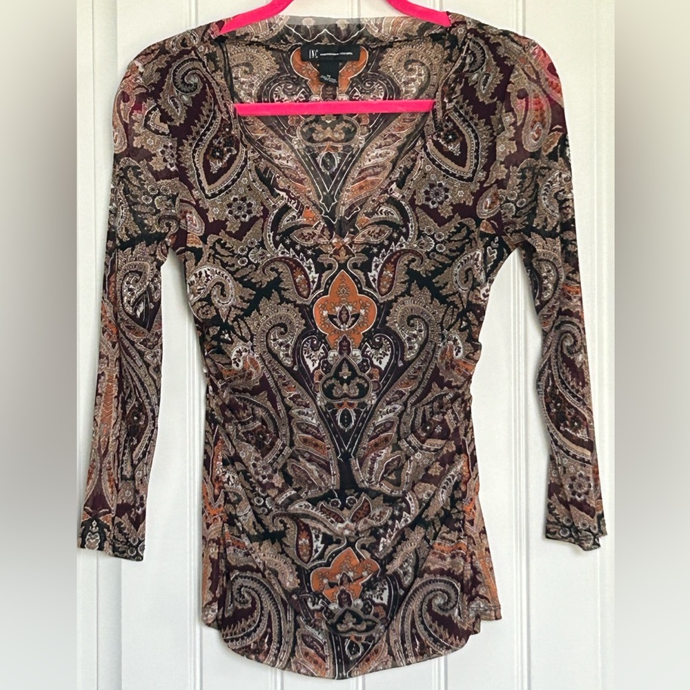 INC Vintage Paisley V-Neck with Ruched Sides Top